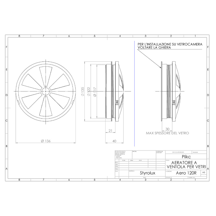 Aeratore Da Finestra Plikc Aero G - Doppia Griglia Con Retina Antinsetto, Foro 20-200mm, Made In Italy - Foto 2