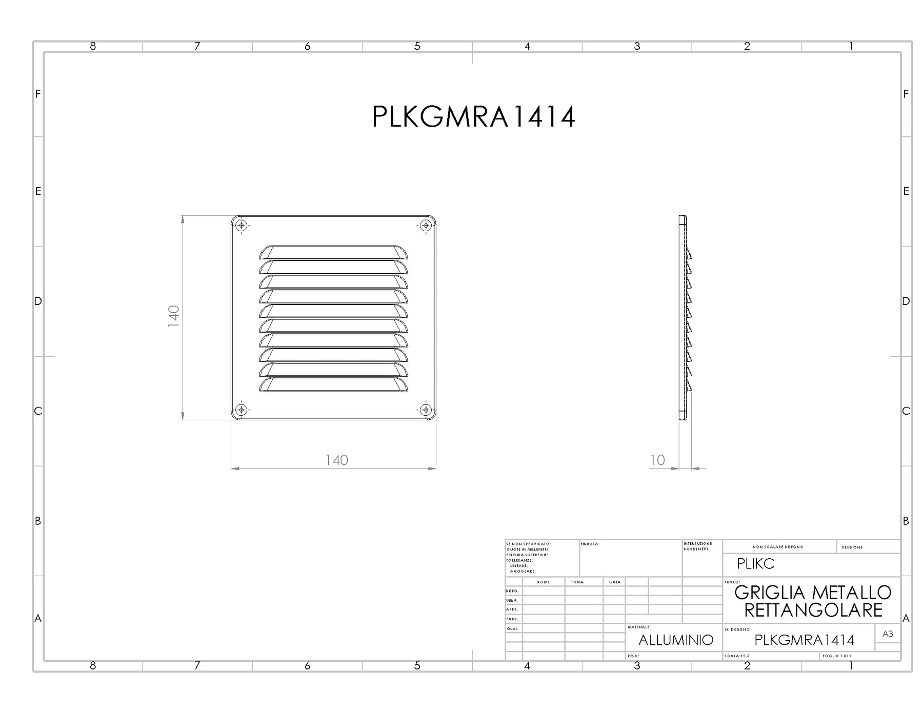 GMRA1414 - Griglia da muro quadrata in alluminio con rete antinsetto