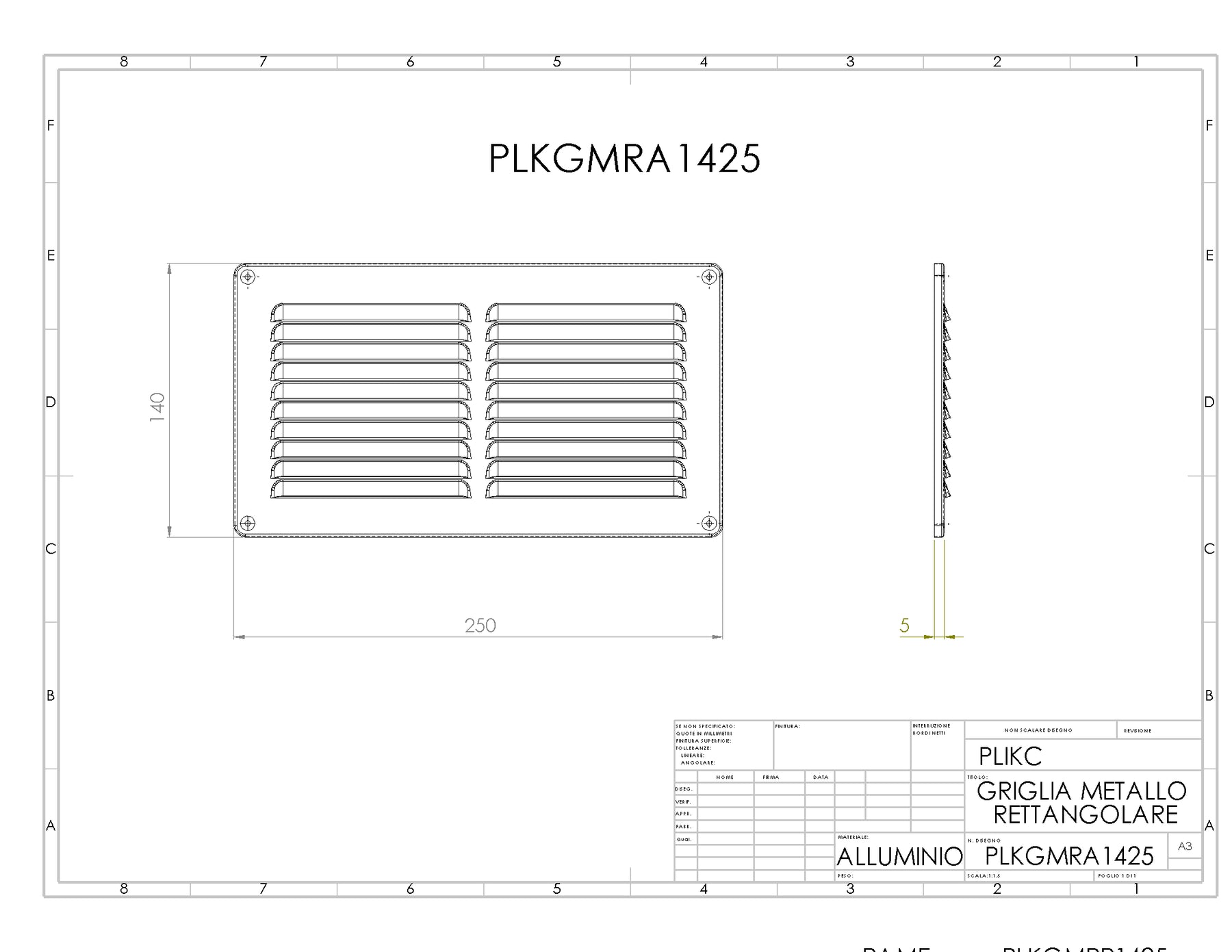 GMRA1425 - Griglia da muro rettangolare in alluminio con griglia antinsetto 140x250mm