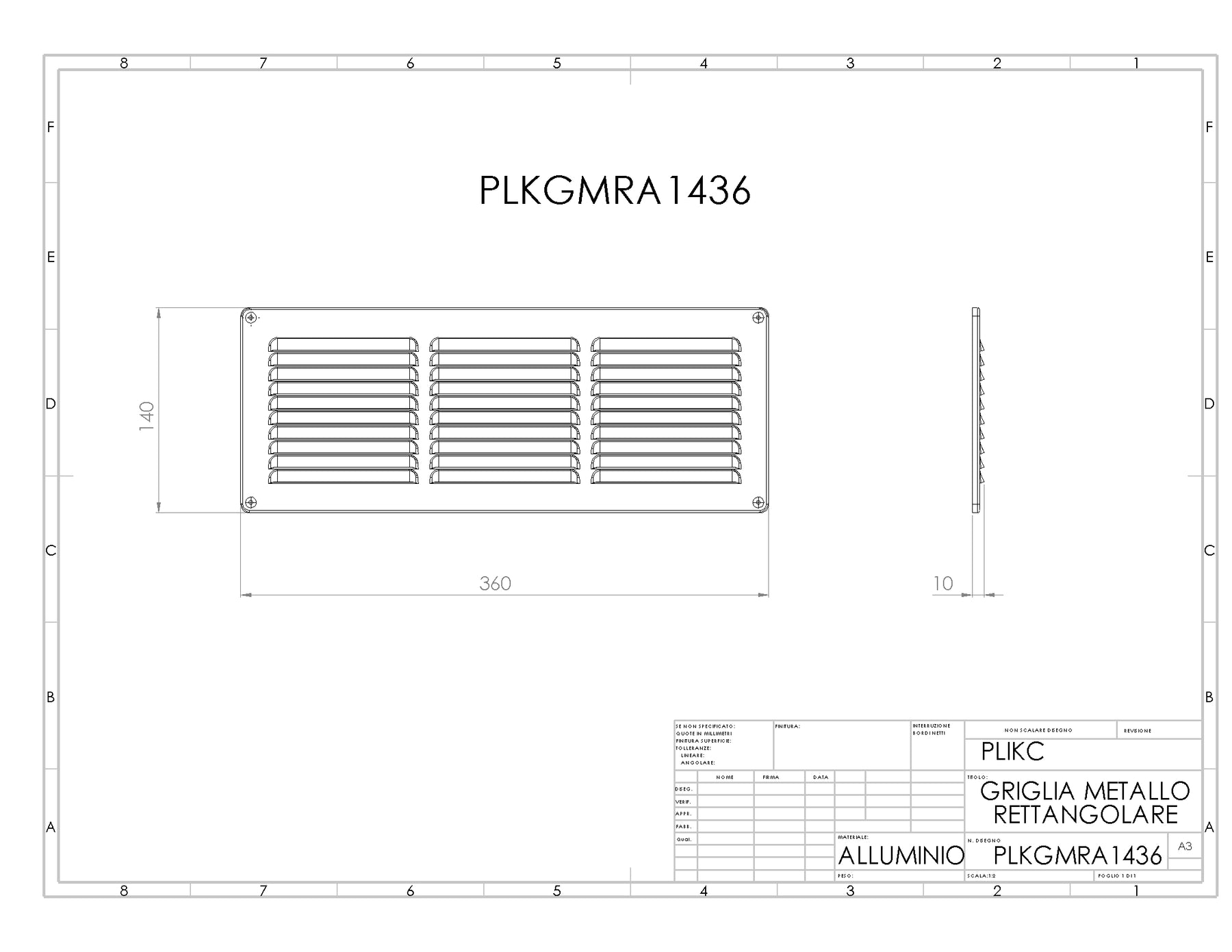 GMRA1436 - Griglia da muro rettangolare in alluminio con griglia antinsetto 140x360mm