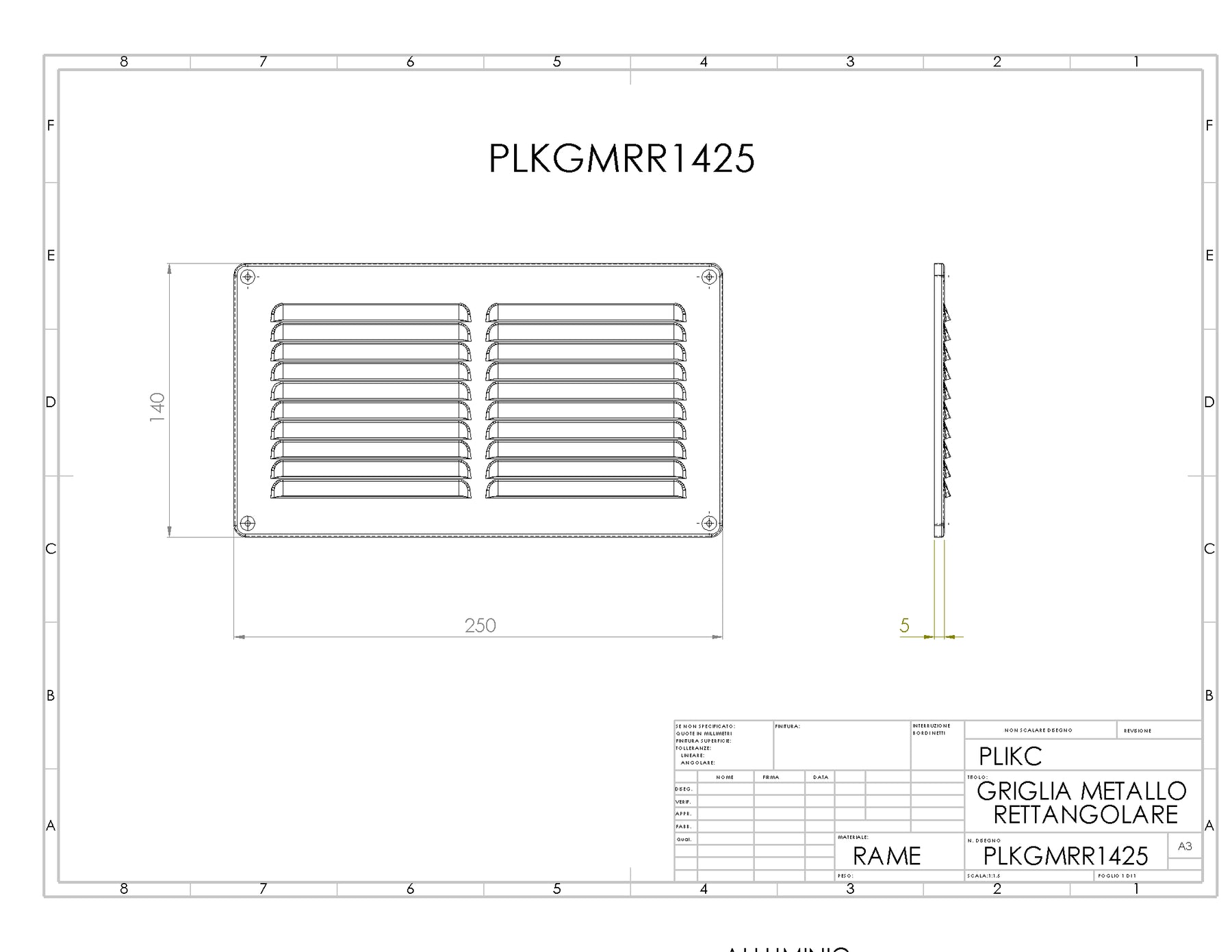 GMRR1425 - Griglia da muro rettangolare in rame con griglia antinsetto 140x250mm